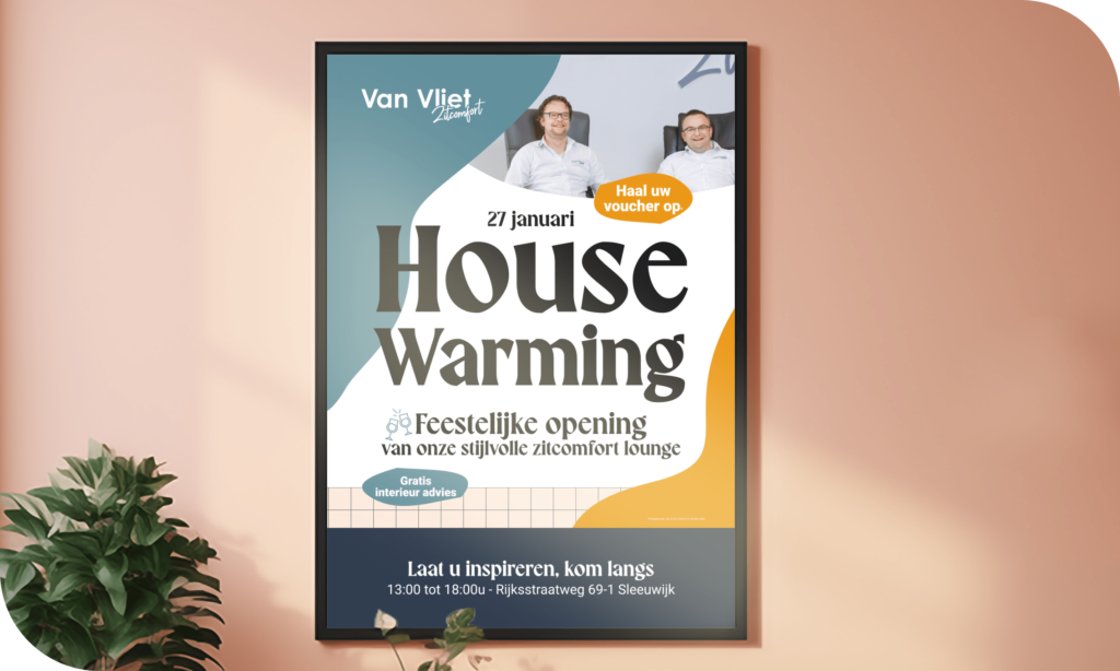 Van Vliet Zitcomfort Housewarming Poster door Joofle Reclame uit Gorinchem